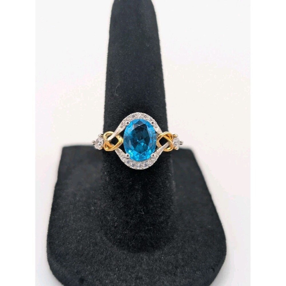 Swiss Blue Topaz Oval Birthstone CZ Heart Ring 14k Gold Plated 925 Sterling Ring